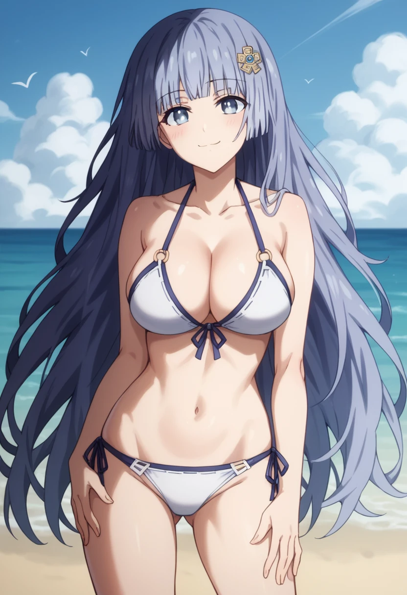 Score_9, Score_8_up, Score_7_up, anime_font, mikuizayoi, miku izayoi, bangs, blunt bangs, hime cut, hair ornament, long hair, blue eyes, blue hair, alone, looking at viewer, blushing, big breasts, navel, closed mouth , collarbone, side locks, standing, outdoors, beach, swimsuit, bikini, panties, cleavage, panties, big breasts, thick ass, from behind, big ass, , naughty face, seductive smile, happy, from behind, big ass, open ass, grabbing one's own ass, masterpiece, best quality, highly detailed extremely detailed hair, shiny hair, tousled hair,