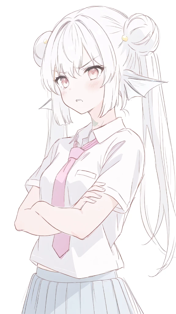 1girl,20 years old,solo,long hair,white hair,finana,twintails,double bun,((white shirt,short sleeves,standart tie,skirt)),(white background,sketch), angry, blush, crossed arms