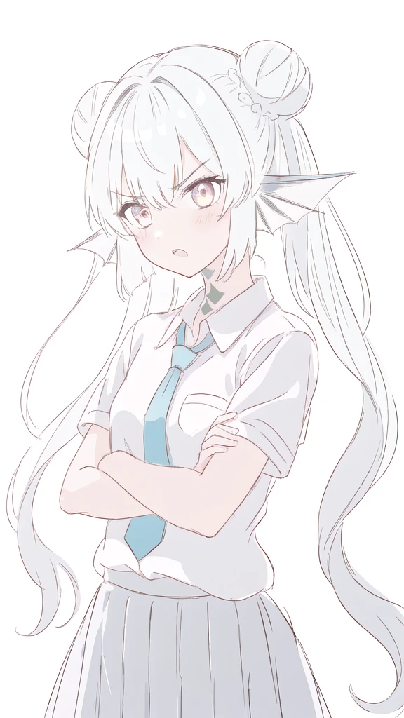 1girl,20 years old,solo,long hair,white hair,finana,twintails,double bun,((white shirt,short sleeves,standart tie,skirt)),(white background,sketch), angry, blush, crossed arms