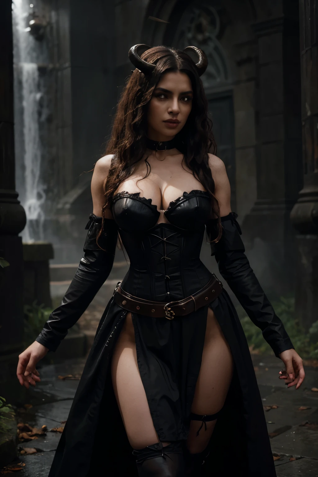 woman with curly brown hair, slightly ashy wet hair, pale skin color, Red eyes, fright, in a long black dress and corset and belts, with curly horns like a ram, dark fantasy character design, dark elf tiefling, , epic exquisite character art, dark fantasy art, with the appearance of Priyanka Chopra, Dark Sorceress Full View, Amazing character art. 