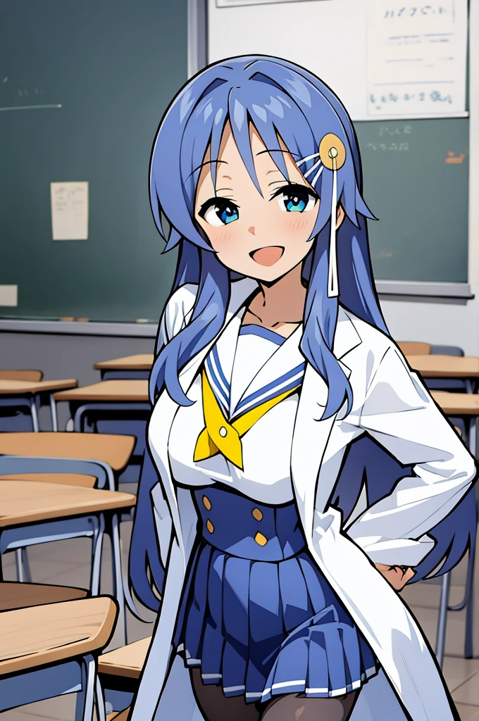 1girl, cowboy shot, classroom, smile, open mouth,
oohara_kotone, blue eyes, blue hair, long hair, hair ornament, hairclip, lab coat, , sailor collar, serafuku, blue skirt, pleated skirt, pantyhose, best quality, masterpiece, highres,