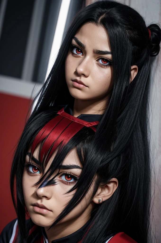 My Hero Academia Capture.
Black-haired girl with bright red eyes long hair scar on the edge of her lip,piercing on his lip,black eyeliner on his eyes,dressed in the sports uniform of the U.A with a serious expression and an intimidating look
