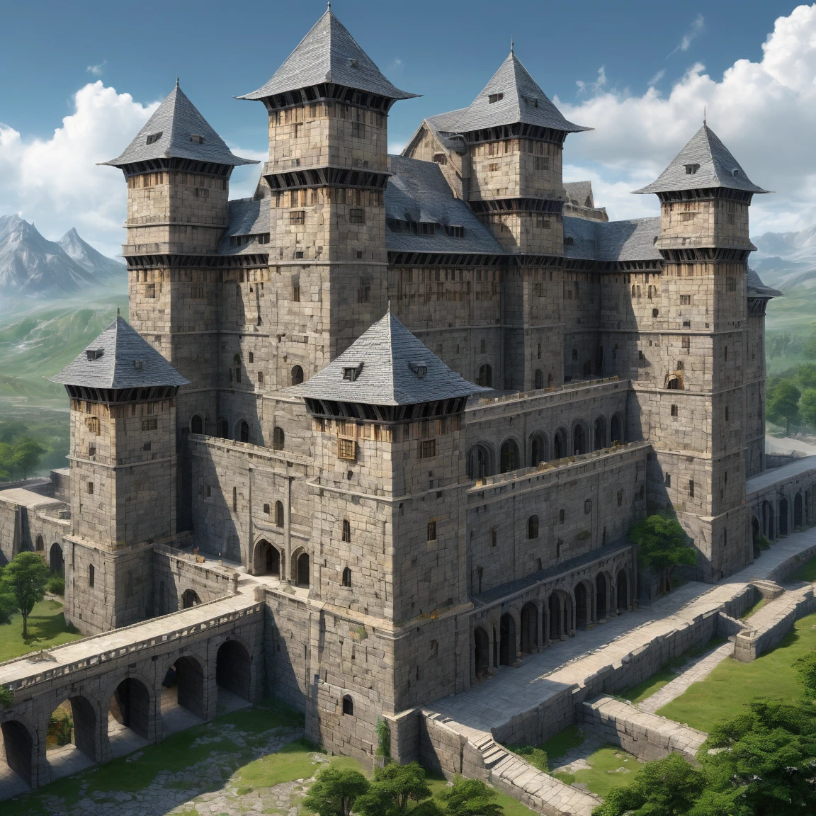 (best quality)), ((masterpiece)), ((realistic,digital art)), (super detailed), gigantic gneiss barracks, (large rectangular fortified building with high walls), (gigantic square crenellated towers), (medieval fantasy style),