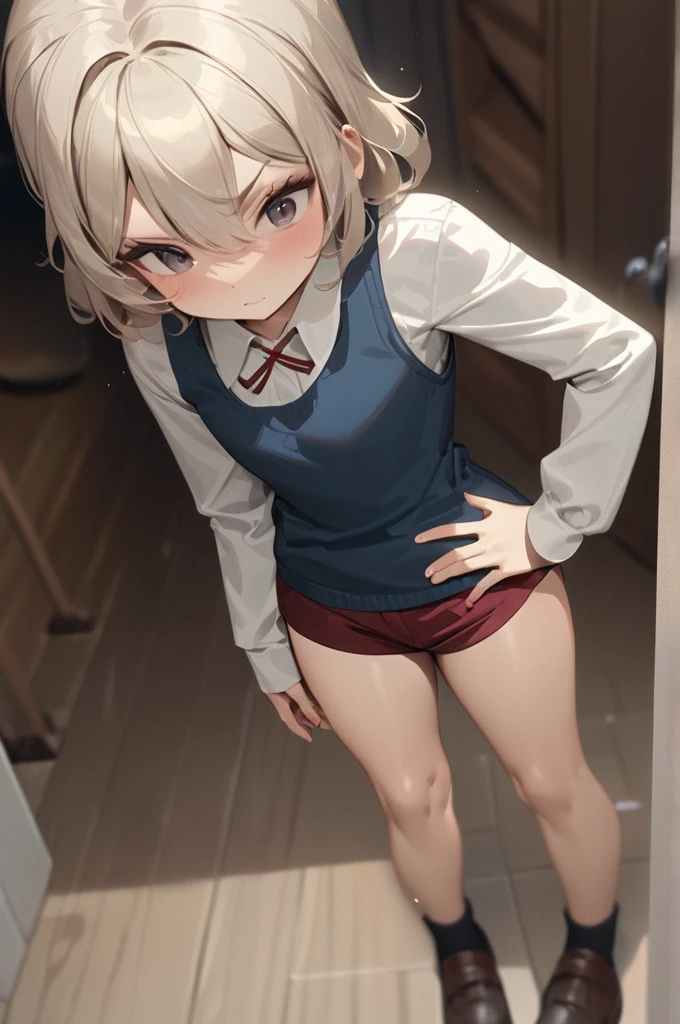 ((best quality)), 1boy, solo, cute maid uniform, trap, fem boy, penis in stain white-panties, (bulge), lift skirt myself, bob cut, flat chest, spread legs standing, (blush), composition from front, 