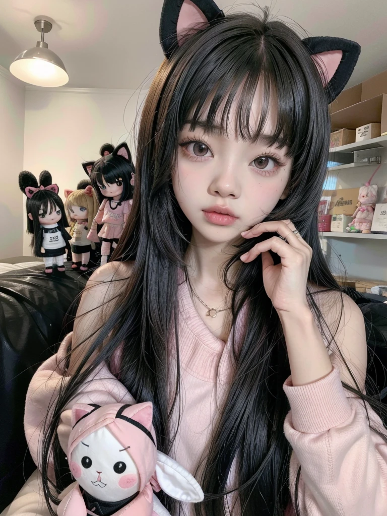 Pretty girl with jennie of blackpink face, She wears everything pink while her hair is black and she has cat ears and short hair, Among a group of stuffed dolls