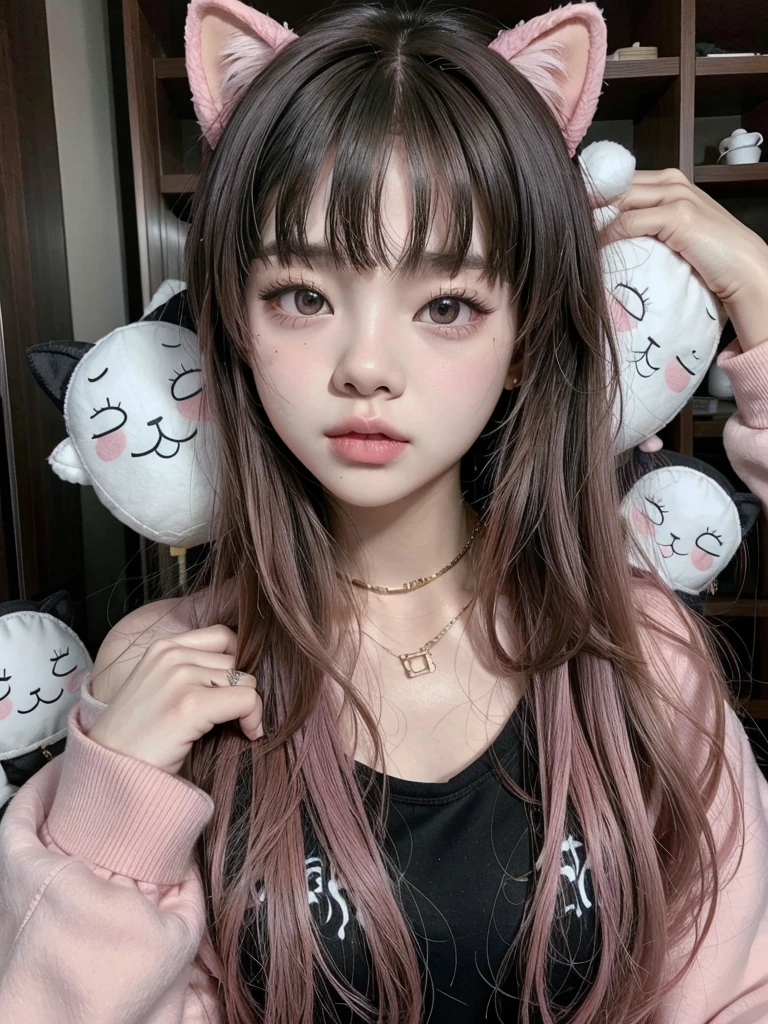 Pretty girl with jennie of blackpink face, She wears everything pink while her hair is black and she has cat ears and short hair, Among a group of stuffed dolls 