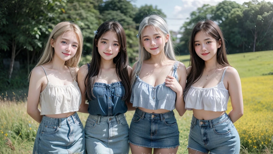 (4 Girls), Indonesian , 12 years,kin, Round breast, blue eyes, meadow, silver hair,Beautiful smile, 8K, The details are very realistic..., The best of photography Wear a jeans skirt...