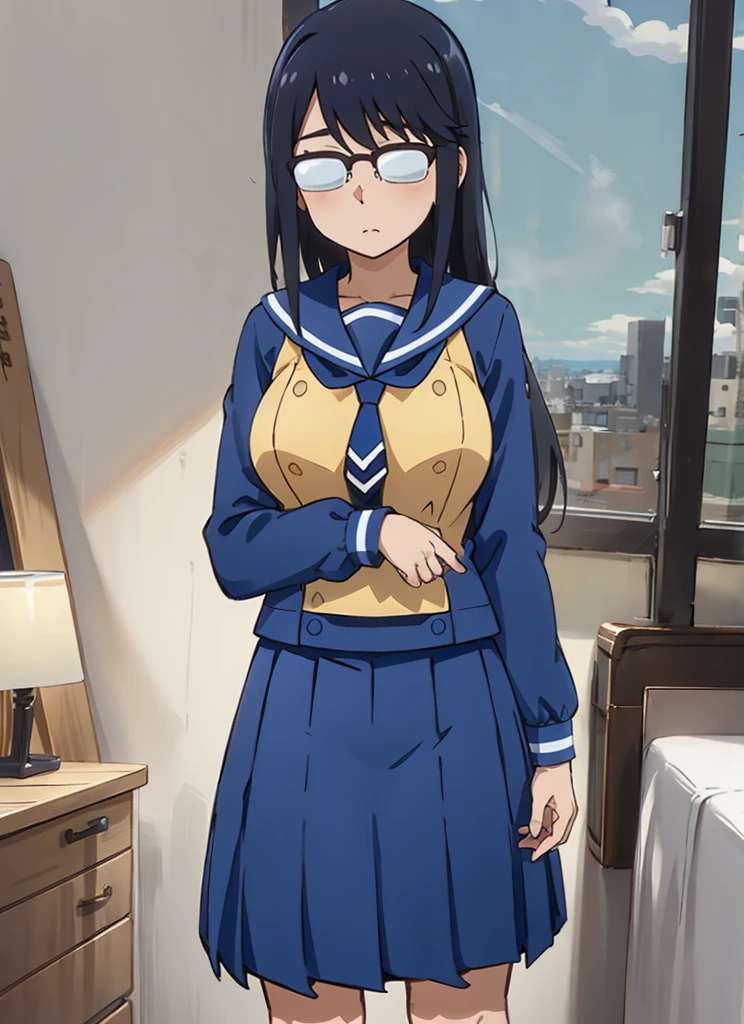 masterpiece, best quality, ultra-detailed, illustration, 1girl, solo, oono_makoto-bsf, long hair, black hair, sidelocks, glasses, opaque glasses, over-rim eyewear, winter uniform, blue serafuku, blue shirt, necktie, long sleeves, blue skirt, pleated skirt, medium skirt,,((nsfw)), my room,big breasts