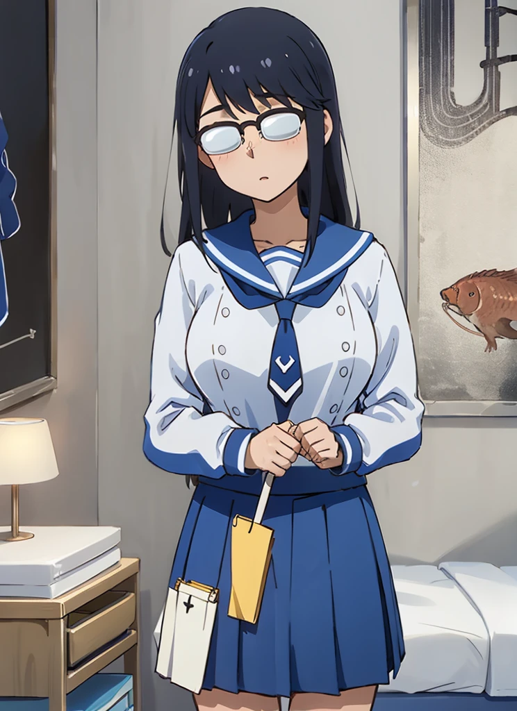 masterpiece, best quality, ultra-detailed, illustration, 1girl, solo, oono_makoto-bsf, long hair, black hair, sidelocks, glasses, opaque glasses, over-rim eyewear, winter uniform, blue serafuku, blue shirt, necktie, long sleeves, blue skirt, pleated skirt, medium skirt,,((nsfw)), my room,big breasts