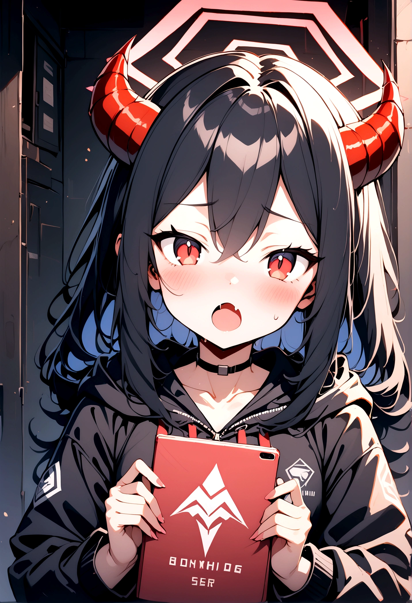 {"generated_text": ", 1girl, :o, absurdres, bangs, black hair, black jacket, blue archive, blush, commentary request, demon horns, fang, halo, highres, holding, hood, hood down, horns, kayoko blue archive, long hair, looking at viewer, multicolored hair, open mouth, red eyes, , ser"},kayoko,