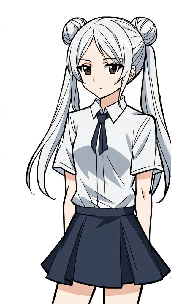 1girl,20 years old,solo,long hair,white hair,finana,twintails,double bun,((white shirt,short sleeves,standart tie,skirt)),(white background,sketch),Mid-ground character