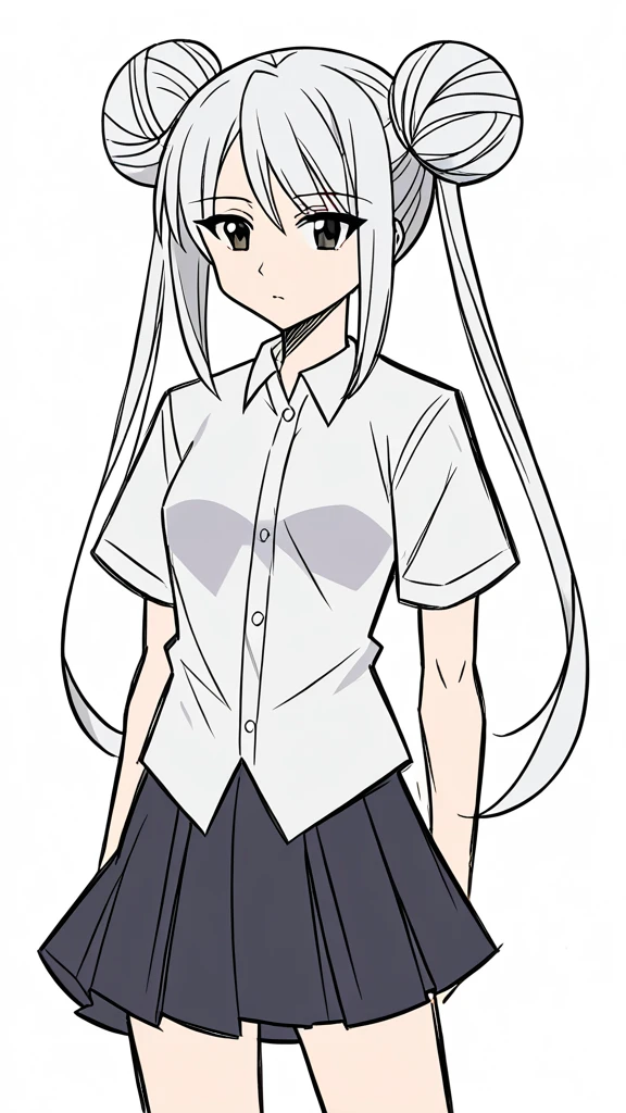 1girl,20 years old,solo,long hair,white hair,finana,twintails,double bun,((white shirt,short sleeves,standart tie,skirt)),(white background,sketch),Mid-ground character