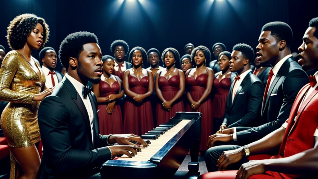 1970s tv show, African-American male r&b star named "Luther Diamond" playing piano while surrounded by a singing choir, cinematic action, masterpiece, super detail, textured skin, atmospheric perspective,
