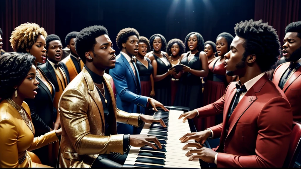 1970s tv show, African-American male r&b star named "Luther Diamond" playing piano while surrounded by a singing choir, cinematic action, masterpiece, super detail, textured skin, atmospheric perspective,