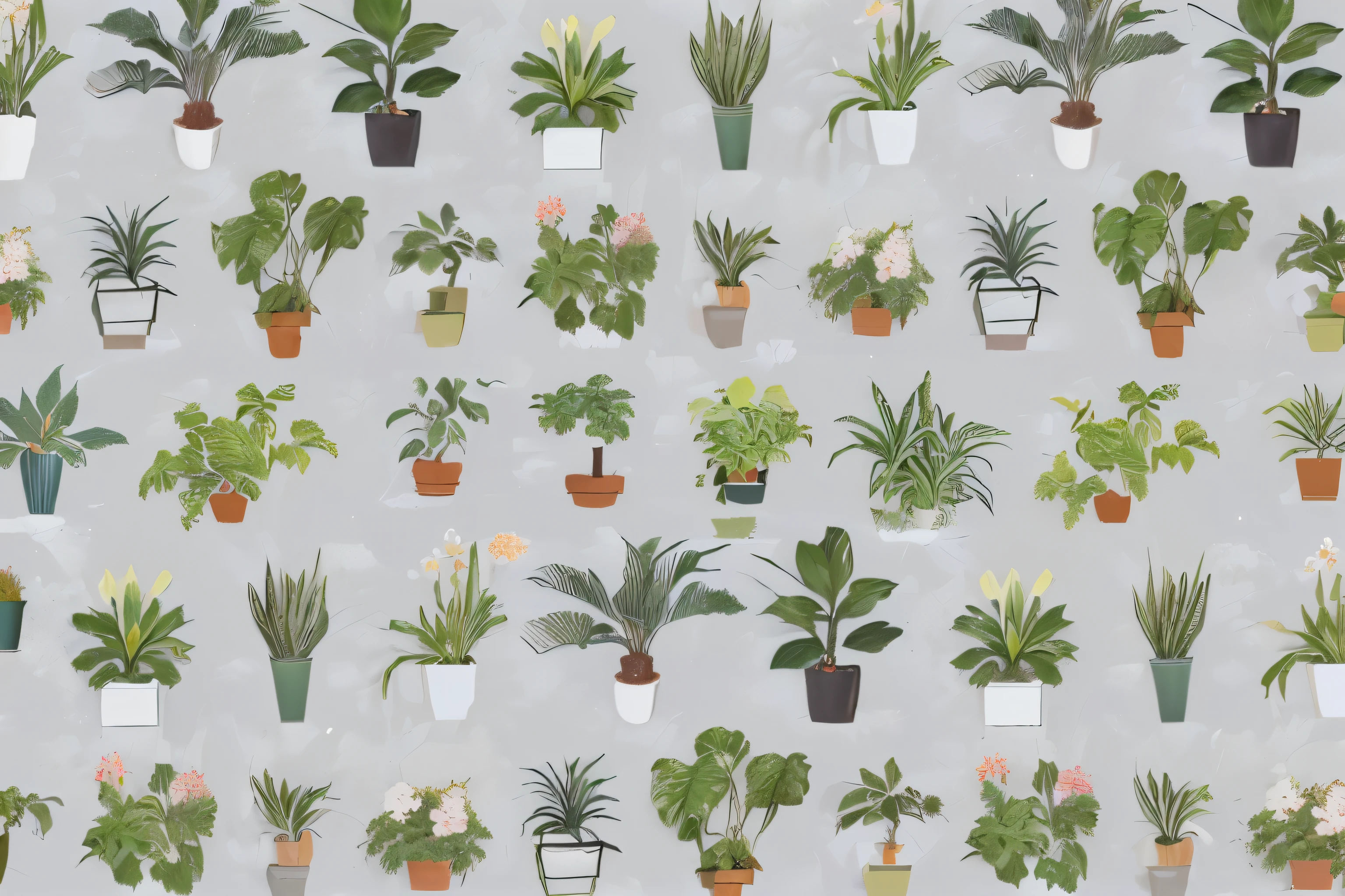 a seamless pattern of potted house plants on a gray background, plants allover, plant patterns, pot plants, lots of plants, many plants, plants everywhere, house plants, some plants, houseplants, some plant life, potted plants, detailed beautiful plants, plants and flowers, tropical houseplants, detailed plants, pots with plants, urban jungle plants, cats and plants
