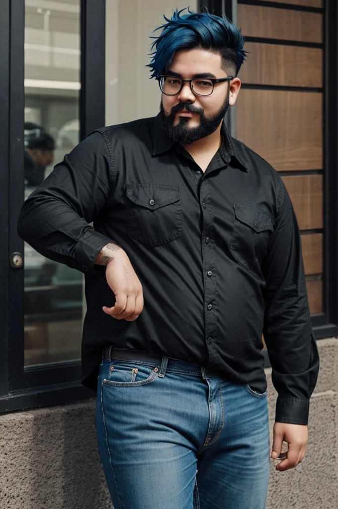 Young fat male. He likes smoking. He has small black eyes. Fat massive cheeks. He looks like a hipster. Has short black hair and black beard with massive mustashe. Wearing a black shirt and military jeans. Draw him like an anime character. He wear glasses. Draw him having fun time with his also blue haired girlfriend