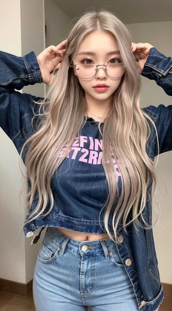 girl with long blonde hair with waves and gray eyes , big lips pink cheeks very beautiful realistic version of spectacular body latin face Whole body Perfect face 22 years old with hip jeans and a short black shirt and a gray jacket with glasses on his head