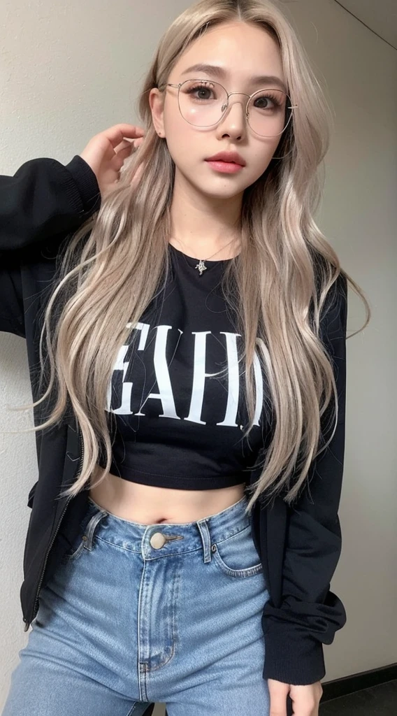 girl with long blonde hair with waves and gray eyes , big lips pink cheeks very beautiful realistic version of spectacular body latin face Whole body Perfect face 22 years old with hip jeans and a short black shirt and a gray jacket with glasses on his head