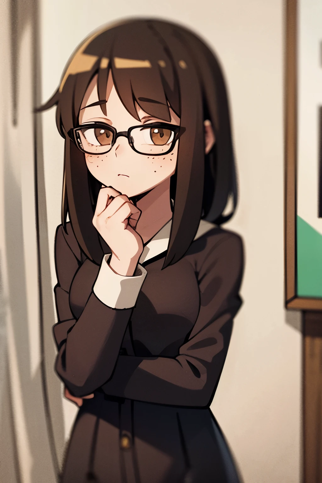 Girl with long dark brown hair, curtain bangs, freckles, glasses