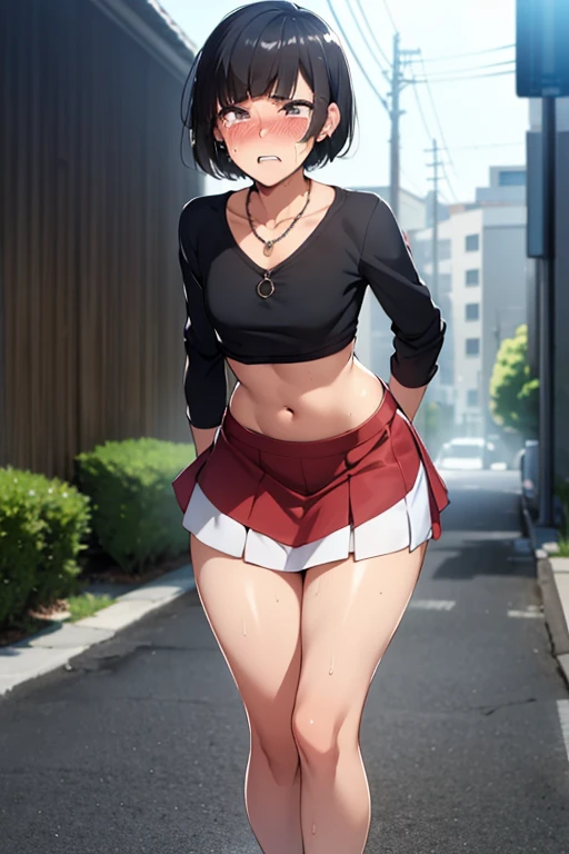 (4 k digital art),masterpiece,realistic,realistic skin,humid,high resolution,ultra detailed,mature man,(anime man),black hair,blunt bangs,wavy hair,thick red lips,sweaty,necklace,(aroused:1.5),drooling,excessive cum,sweaty,necklace,off-the -shoulder white blouse,short skirt,earring,outdoor,night light,back alley,highest quality:1.2),(perfect beautiful face:1.2),(stands Straight:1.2),(fullbody shot,Solo,mature man),(short cut hair,flat chest:1.4), ((confused,embarrassed and blush:1.3)), shyness:1.1, (Sweaty, sunburned skin:1.3),(puffy nipples:0.1),navel out,(tears,crying:1.43), sexually,seducing,wide hips, steaming body,show teeth,midriff,