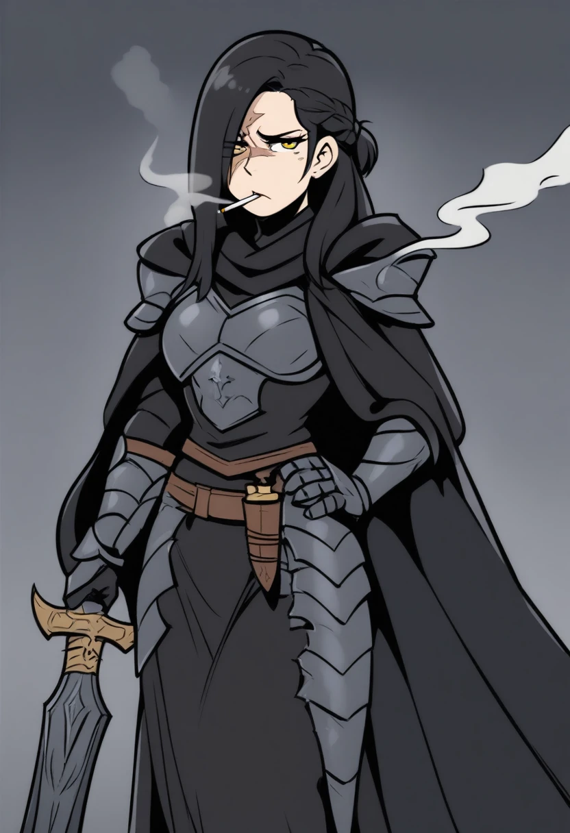 {{full body}} {{Artist: aitsuwu)}} 1woman, mature woman, french braid, long hair, tall, black hair, golden eyes, looking tired, scar over left eye, black cloak, cape, black cape, looking down at viewer, smoking, dagger at hip, dagger, castle background, dark fantasy, cigarette in mouth, smoke from cigarette, detailed background, cold expression, armored, wearing armor, holding sword in one hand, stern expression, fully clothed