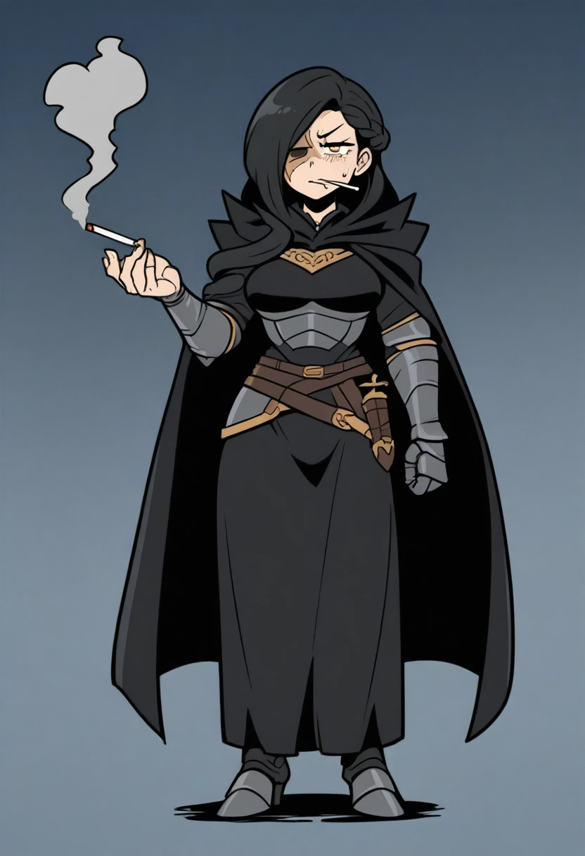 {{full body}} {{Artist: aitsuwu)}} 1woman, mature woman, french braid, long hair, tall, black hair, golden eyes, looking tired, scar over left eye, black cloak, cape, black cape, looking down at viewer, smoking, dagger at hip, dagger, castle background, dark fantasy, cigarette in mouth, smoke from cigarette, detailed background, cold expression, armored, wearing armor, holding sword in one hand, stern expression, fully clothed