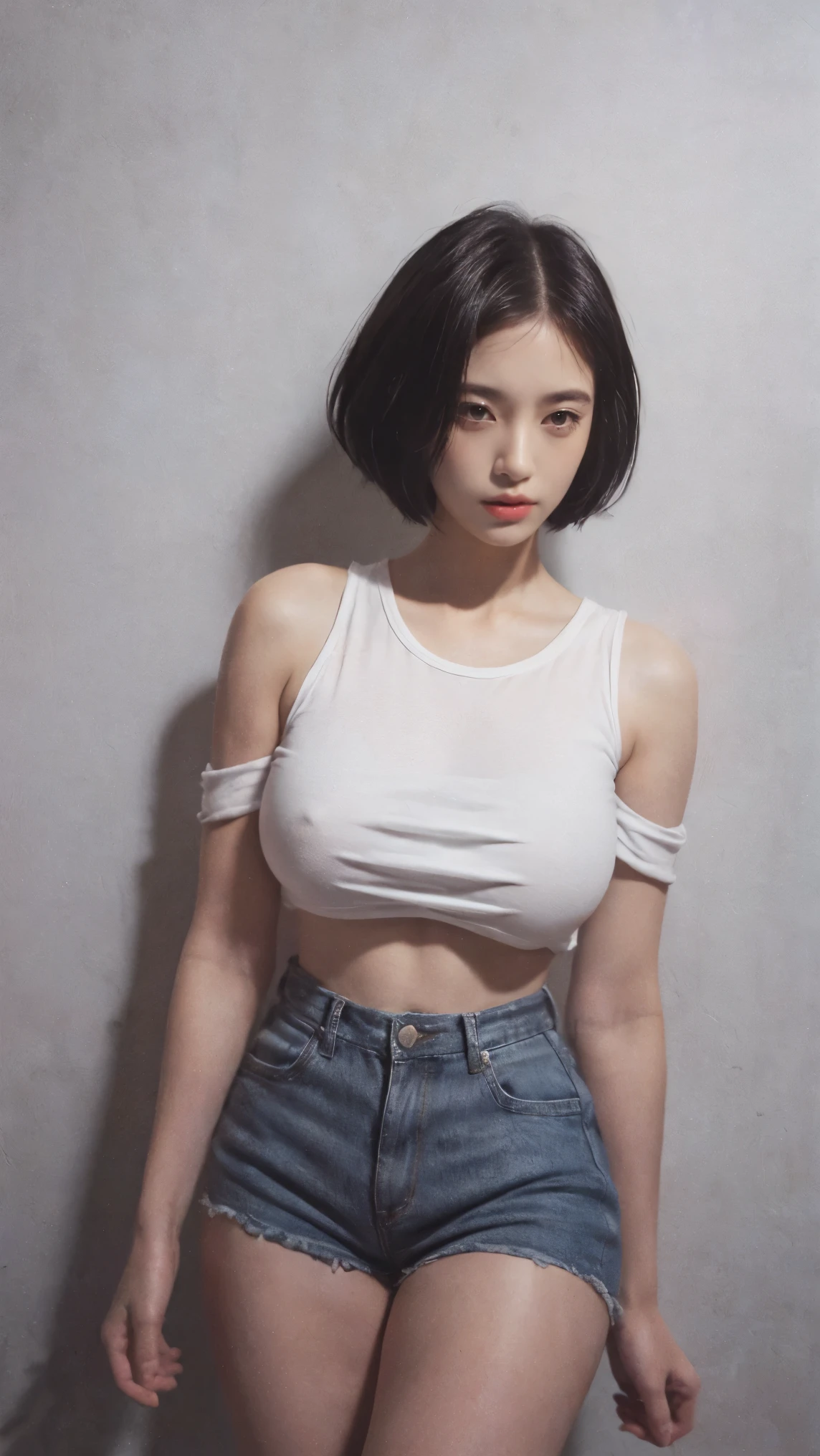 21yo girl, black bob hairstyles background, hands on the wall, body facing backward, face turned forward
. (Wearing white oversize tshirt, show shoulders), wearing hot pants, cleavage, plump body. Dark background. Voncrete background. Magenta Polaroid. Retro. Flash light