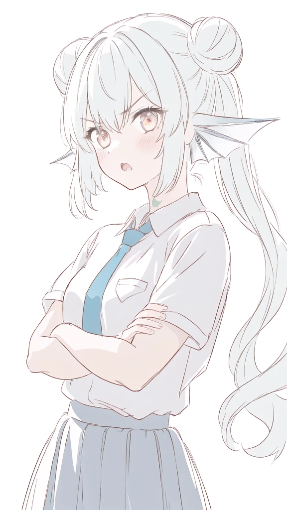 1girl,20 years old,solo,long hair,white hair,finana,twintails,double bun,((white shirt,short sleeves,standart tie,skirt)),(white background,sketch), angry, blush, crossed arms,((looking at view,from front))