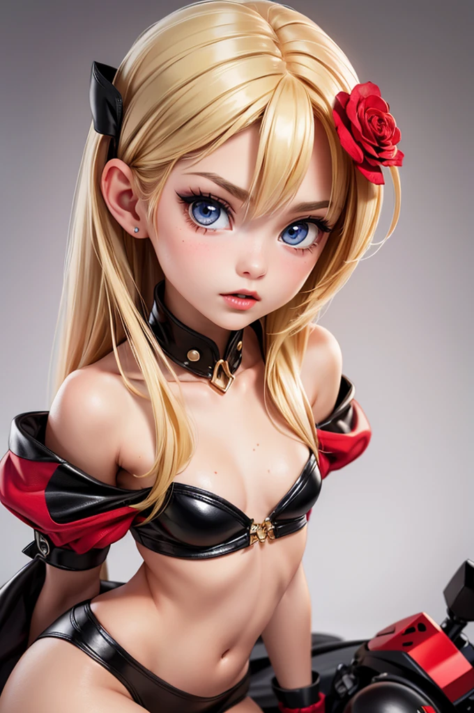 hyperrealistic american teen, blonderfect tiny body, sexy, dark makeup, perfect slim face, big red lips, very cute face, tiny body, big eyes, young looking, childish looking