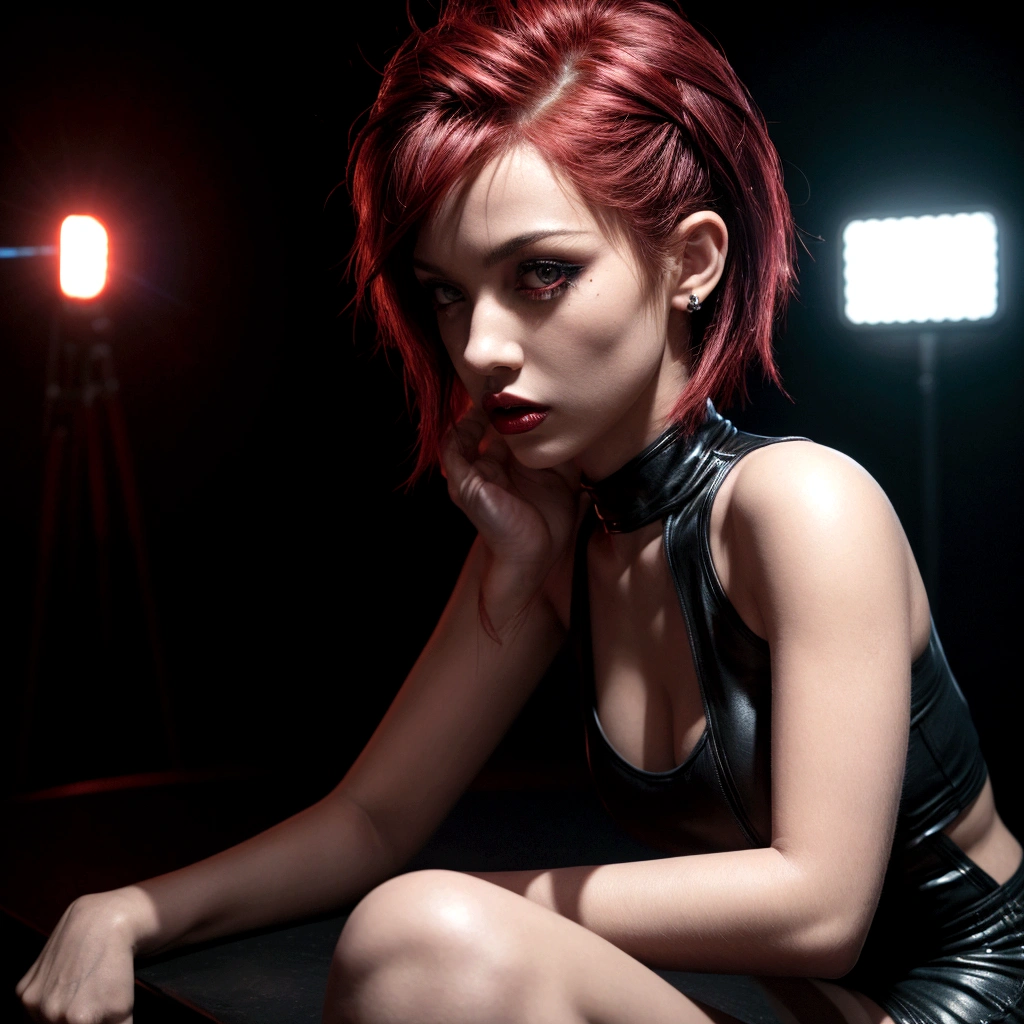 photorealistic:1.2, close up, a rock girl in very tight shorts, portrait, full body shot, avant-garde fetish clothing, dark lipstick, with short spiky red hair, slim athletic body, confident expression, punk style, seductive erotic art, playboy, erotic atmosphere, provocative pose, dynamic lighting, vibrant colors, ARRI ALEXA 65, 50mm lens