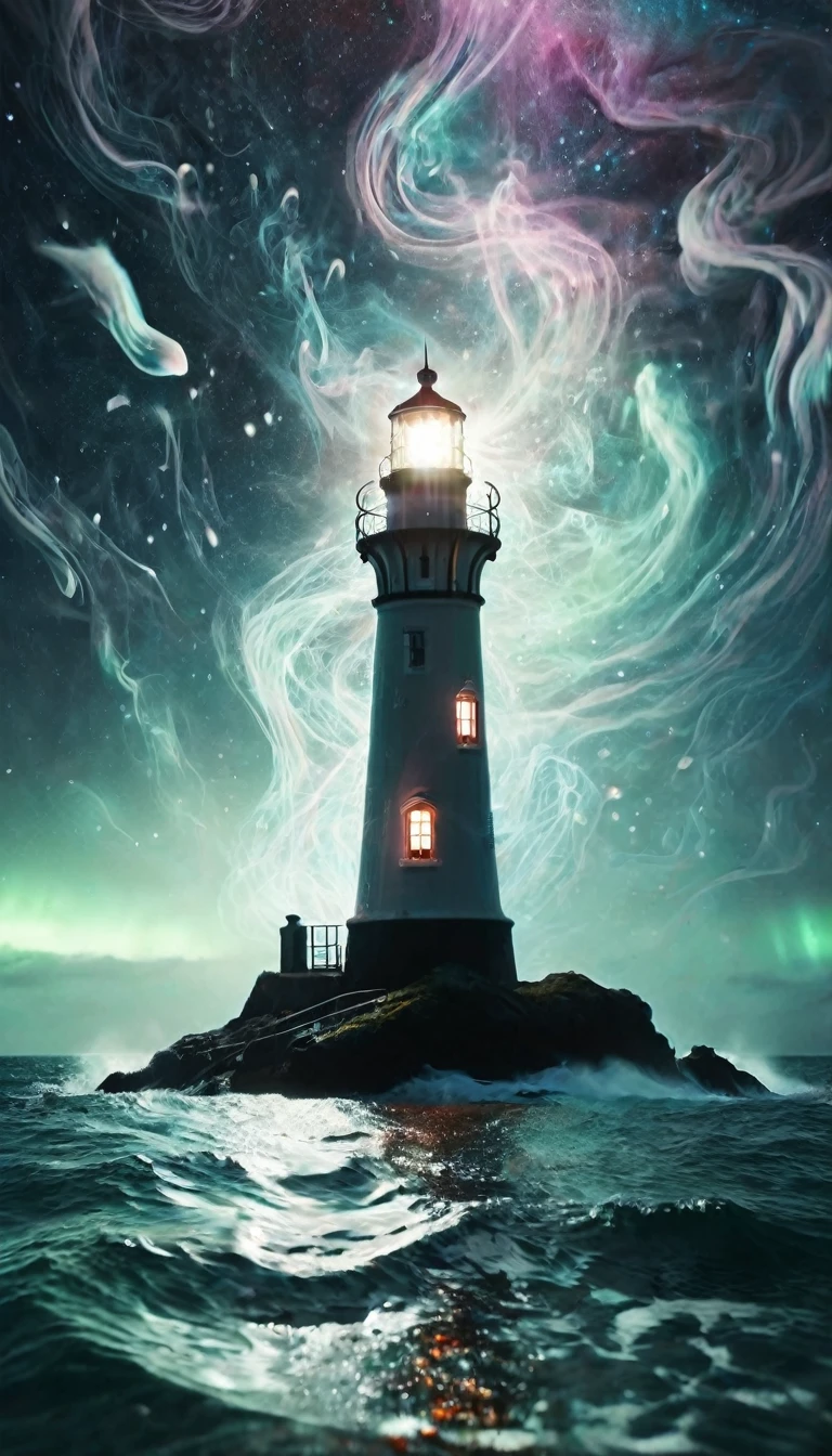 a majestic lighthouse standing amidst a swirling galaxy of neon lights and cosmic clouds. The lighthouse itself is adorned with intricate patterns resembling constellations, casting a brilliant beam of light that merges with the aurora borealis dancing overhead. Surrounding the scene are whimsical creatures inspired by deep-sea bioluminescence, gently floating in the ether like ethereal guardians. The entire composition is bathed in a surreal, otherworldly glow, blending elements of fantasy and cosmic wonder.