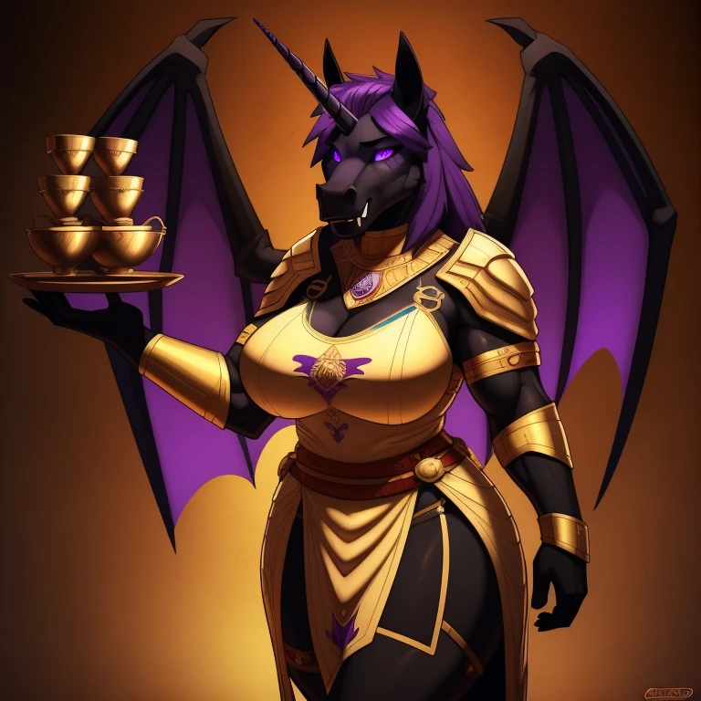muscular_mature_unicorn_with_black_horn female dark_purple_mane black_furry_body teal_eyes slit_pupils solo Masterpiece best_quality absurdres highly_detailed tribal servant clothes, yellow_tabard, cleanly_drawn_eyes fangs bat_wings purple_eyeshadow, hypnotized with glowing purple eyes, tongue out, horse_snout anthro_only large_breasts by_claweddrip, by_greasymojo, by_underscore-b, by_runawaystride, carrying a tray with golden cups full body image