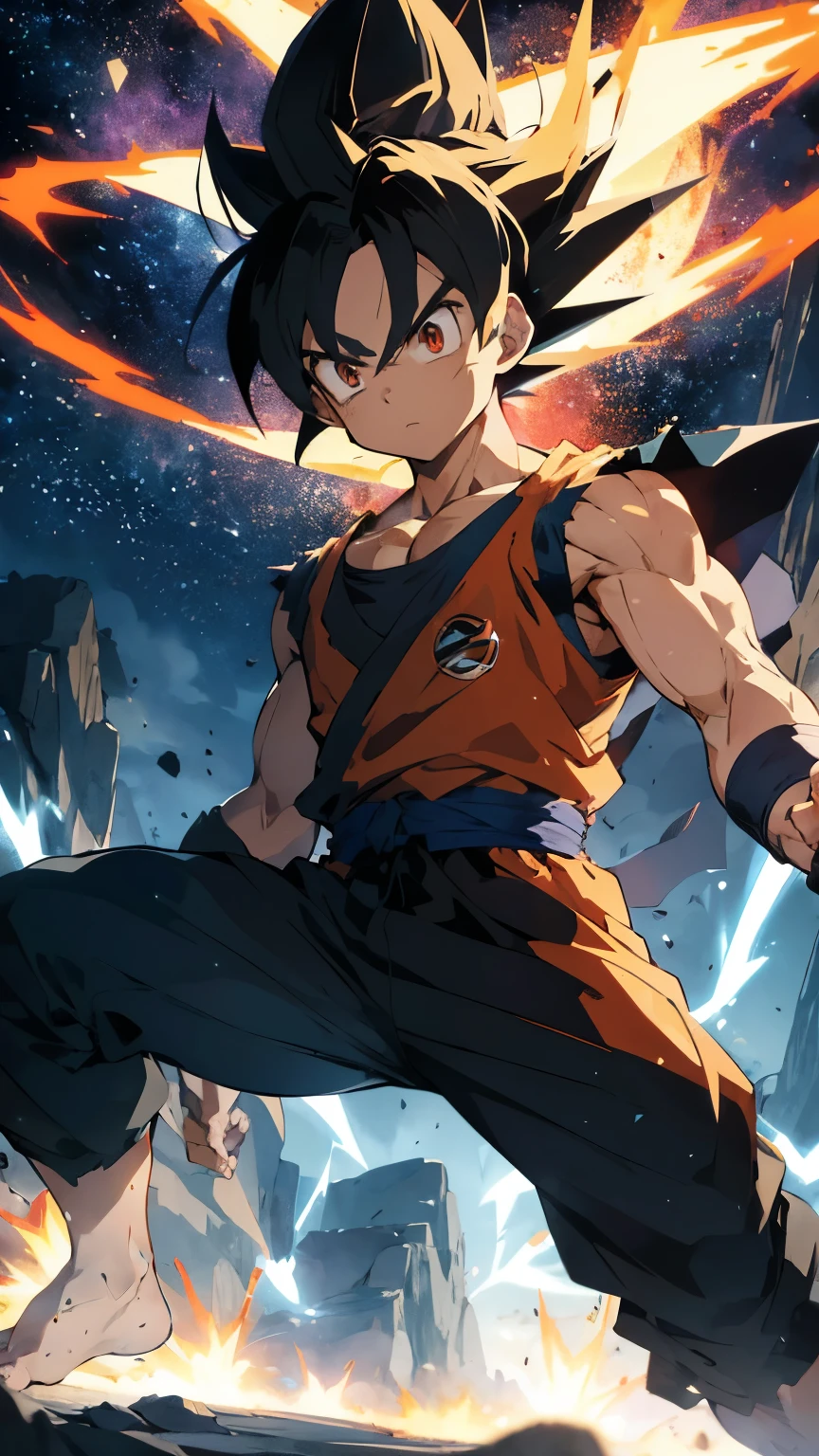 Goku is standing, Your posture is majestic and firm. His muscular, well-defined body is wrapped in red skin., characteristic of the Super Saiyan 4 form. Seus cabelos negros, long and spiky, fall on your shoulders and your back. Goku's face displays a serious and concentrated expression, with dilated pupils denoting his intense concentration.
Goku's eyes glow golden., reflecting her inner strength. The tail comes out vigorously from its back, wrapping itself around your waist as a symbol of your transformation. He raises his fists in front of his body, fingers clenched tightly, ready to channel their energy into a devastating attack.
A fiery red aura emanates around Goku, pulsating with incandescent energy. This aura is interspersed with electrical sparks, showing the power and intensity of the Super Saiyan 4 form. Goku looks like a figure of determination and supreme power, ready to face any challenge that presents itself.