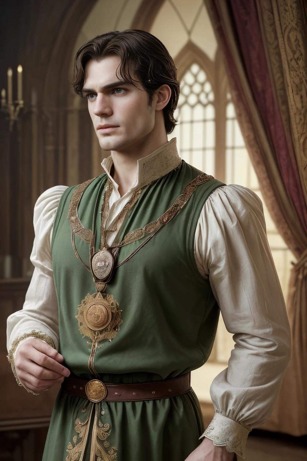 A man of approximately 30 years old, dressed in a historical medieval style outfit, He is wearing a thick green tunic, probably cotton or wool, the tunic has elaborate details, such as voluminous sleeves and shoulders decorated with pleats and adornments, the high, ornate collar appears to be made of lace or other detailed fabric, the pants are cotton, patterned sewing to the body in black, he is wearing a thick, heavy golden necklace with a large, elaborate medal hanging from the center, in the shape of a rose, The man has light brown hair going blonde, of medium length, combed back, he has a small beard as if it was growing after trimming, which gives it an air of nobility and elegance, your face looks like Henry Cavill it's serious, with an expression of contemplation or authority, he is standing, with an erect and dignified posture, conveying confidence and presence, The background is a luxurious environment, a Palace, with decorative curtains in green and gold colors visible behind him