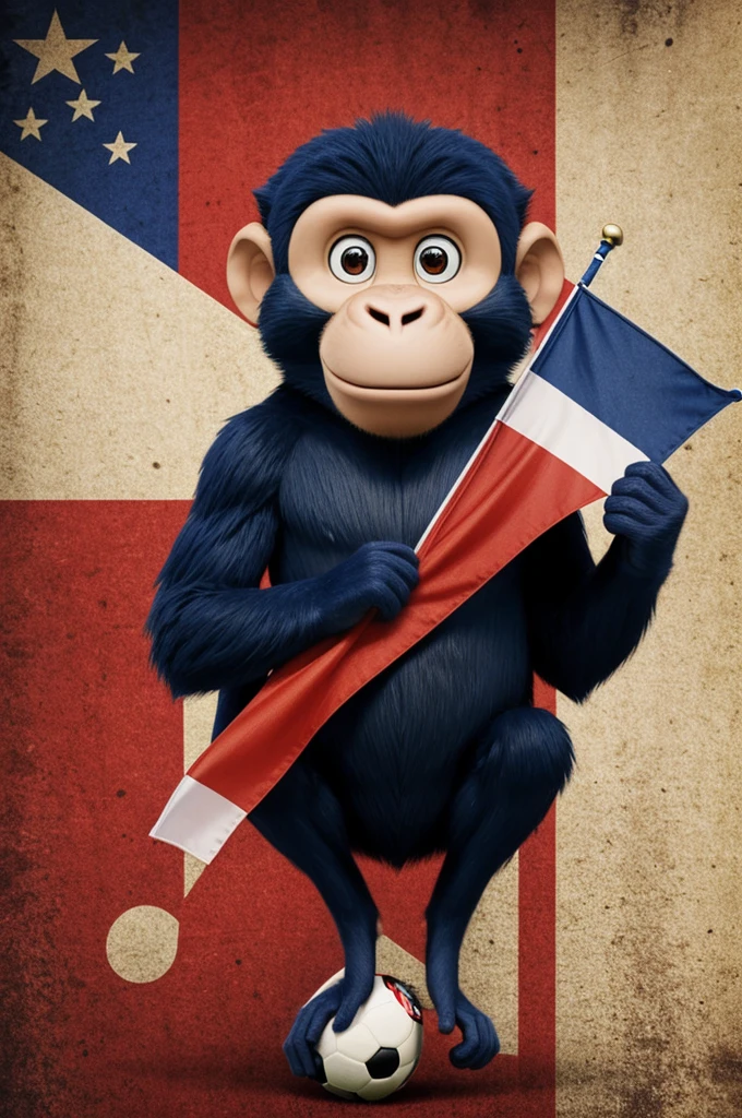 Can you create a soccer ad for me with a monkey holding a flag with red and blue colors and the background of a soccer field?