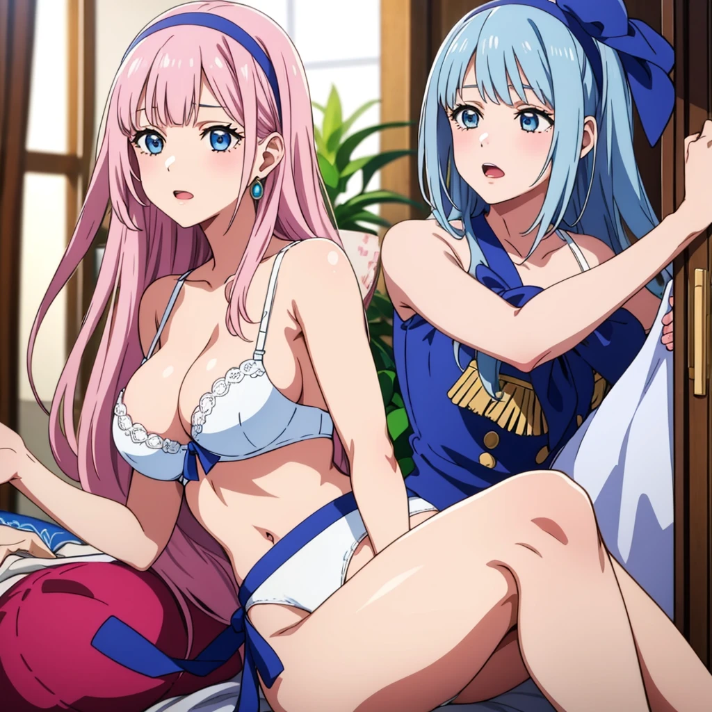 White panties、White bra、In underwear、masterpiece, highest quality, 8K,Mylene HFV4, Anime Coloring, One girl, jewelry, hair band, blue hair band,Very long hair,Pink