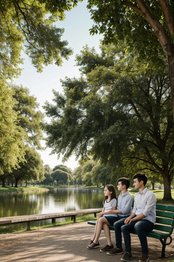 A young girl that has green eyes. She is sitting on the bench with her young and normal slim smart boy near the river in the park under the tree in lovely weather.