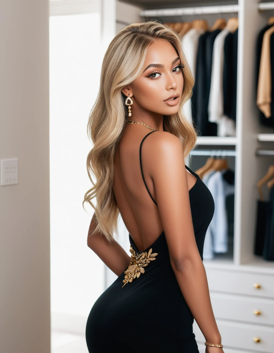 (best quality,4k,highres, highres face details), blonde long curvy hair, 18 years old, instagram model, 36DD fake breast, fake lashes, fake lips, dark makeup, perfect skin, dark tan skin, she is skinny, she is caucasian, she is wearing a charcoal skin tight long skim dress, long diamond belly piercing, gold necklace, gold earring, gold ring, whole body image, taking a pose, posing, no exposed breast, no exposed vagina, golden hour, in her bed room,in her walk-in closet, view from behing, view from the back