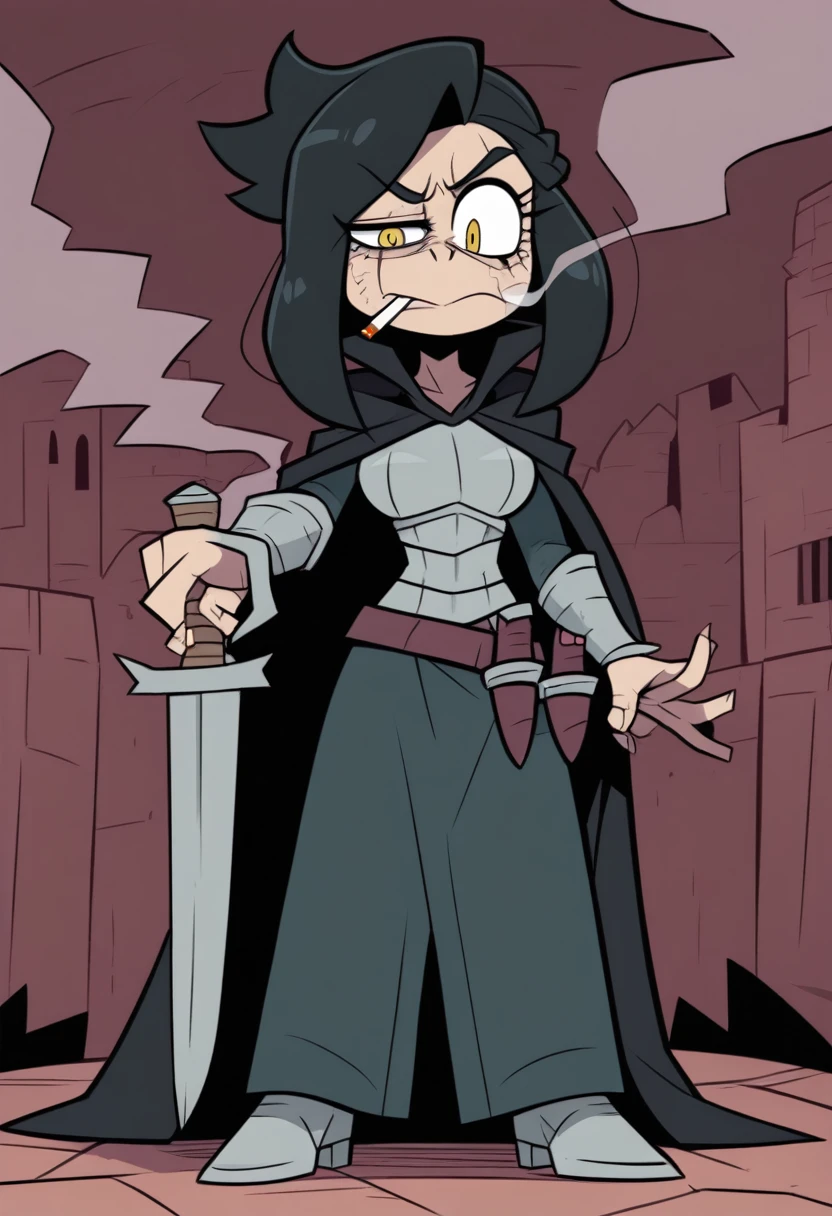 {{full body}} {{Artist: vanripper)} helltaker, helltaker style 1woman, mature woman, french braid, long hair, tall, black hair, golden eyes, looking tired, scar over left eye, black cloak, cape, black cape, looking down at viewer, smoking, dagger at hip, dagger, castle background, dark fantasy, cigarette in mouth, smoke from cigarette, detailed background, cold expression, armored, wearing armor, holding sword in one hand, stern expression, fully clothed