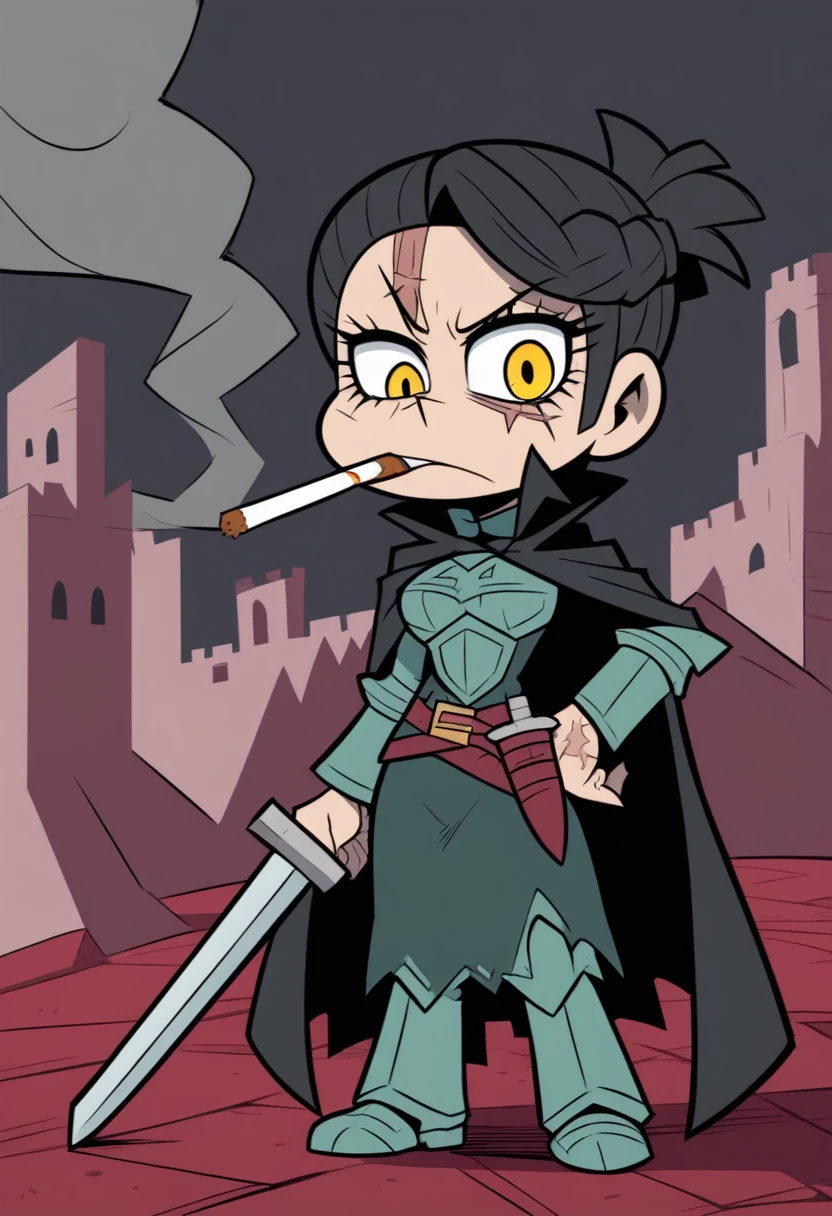 {{full body}} {{Artist: vanripper)} helltaker, helltaker style 1woman, mature woman, french braid, long hair, tall, black hair, golden eyes, looking tired, scar over left eye, black cloak, cape, black cape, looking down at viewer, smoking, dagger at hip, dagger, castle background, dark fantasy, cigarette in mouth, smoke from cigarette, detailed background, cold expression, armored, wearing armor, holding sword in one hand, stern expression, fully clothed