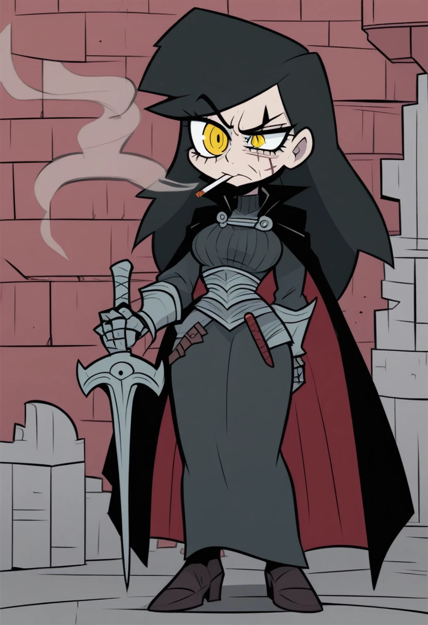{{full body}} {{Artist: vanripper)} helltaker, helltaker style 1woman, mature woman, french braid, long hair, tall, black hair, golden eyes, looking tired, scar over left eye, black cloak, cape, black cape, looking down at viewer, smoking, dagger at hip, dagger, castle background, dark fantasy, cigarette in mouth, smoke from cigarette, detailed background, cold expression, armored, wearing armor, holding sword in one hand, stern expression, fully clothed