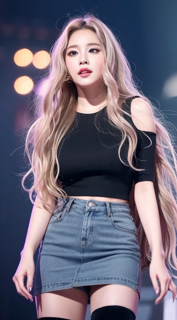 girl with long blonde hair with waves and gray eyes , big lips pink cheeks very beautiful realistic version of spectacular body latin face Whole body Perfect face 22 years old Wearing a short skirt, a black crotop shirt and long black boots, she is singing at a concert.