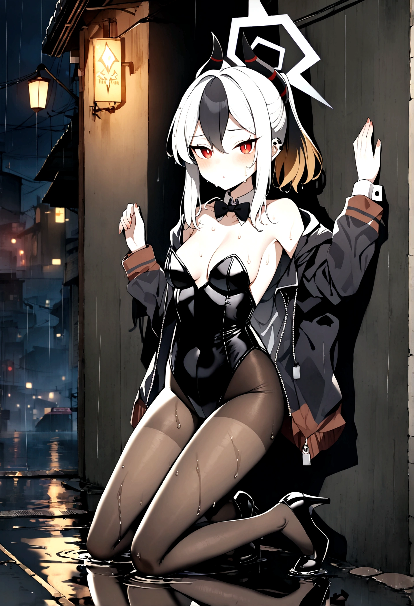 1girl, kayoko \(blue archive\), blue archive, kayoko onikata, multicolored hair, demon horns, halo, single wing, black ponytail, red eyes, two-tone hair, black strapless leotard, playboy bunny leotard, open hoodie, collar, black tie, pantyhose, high heels, against wall, kneeling, alley, neon lights, night, rainy night, rain, raining, water puddles, soaked, wet, wet clothes, wet hair, wet pantyhose, wet clothes, detailed style, masterpiece, best quality,