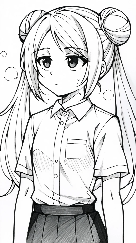1 ,draw line,monochrome,(sketch:1.5、pattern、pencil drawing:1.5、drawing board:1.5),traditional media, upper part of body,look up,cold background,1girl,20 years old,solo,long hair,white hair,finana,twintails,double bun,((white shirt,short sleeves,standart tie,skirt)),(white background,sketch),Mid-ground character