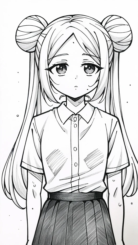 1 ,draw line,monochrome,(sketch:1.5、pattern、pencil drawing:1.5、drawing board:1.5),traditional media, upper part of body,look up,cold background,1girl,20 years old,solo,long hair,white hair,finana,twintails,double bun,((white shirt,short sleeves,standart tie,skirt)),(white background,sketch),Mid-ground character
