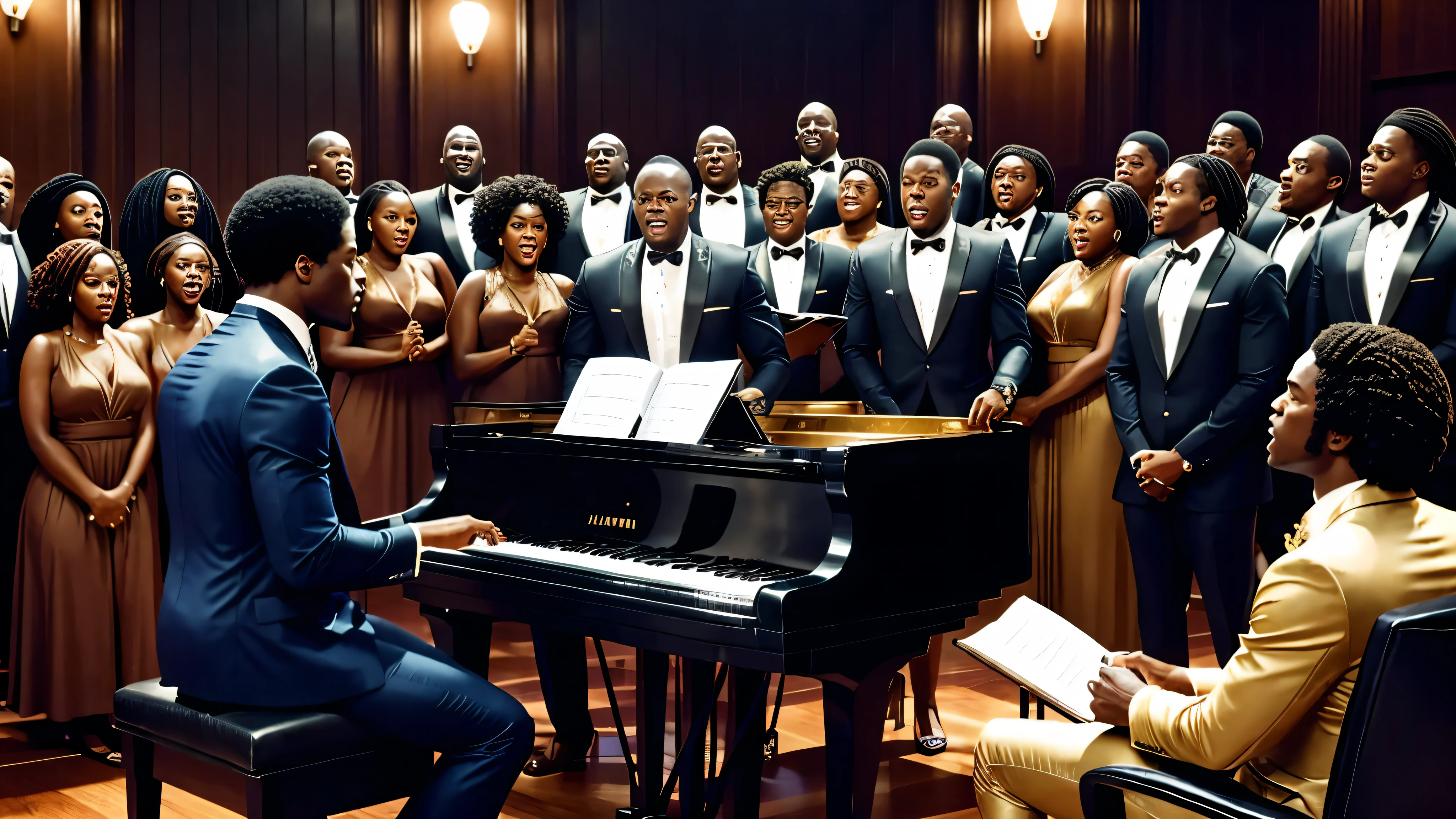 1970s tv show, African-American male r&b star named "Luther Diamond" playing piano while surrounded by a singing choir, cinematic action, masterpiece, super detail, textured skin, atmospheric perspective, 