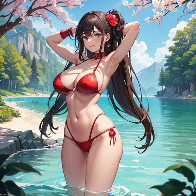 (masterpiece image, very detailed image, best high quality high definition image), solo character, back view
High very detailed Quality image
1girl, 28 years old girl, dark tan skin, blue grey eyes, smiling, carefree demeanor, absolute feminine beauty, long dark brown hair tied on braid, pink flower at left side of the hair, thin pale mouth lips, big breasts, beautiful arms, red gloves, beautiful legs, (red bikini)
Walking at the lake shore