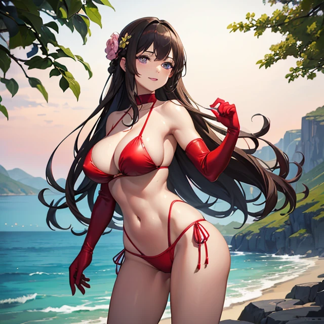 (masterpiece image, very detailed image, best high quality high definition image), solo character, back view
High very detailed Quality image
1girl, 28 years old girl, dark tan skin, blue grey eyes, smiling, carefree demeanor, absolute feminine beauty, long dark brown hair tied on braid, pink flower at left side of the hair, thin pale mouth lips, big breasts, beautiful arms, red gloves, beautiful legs, (red bikini)
Walking at the lake shore