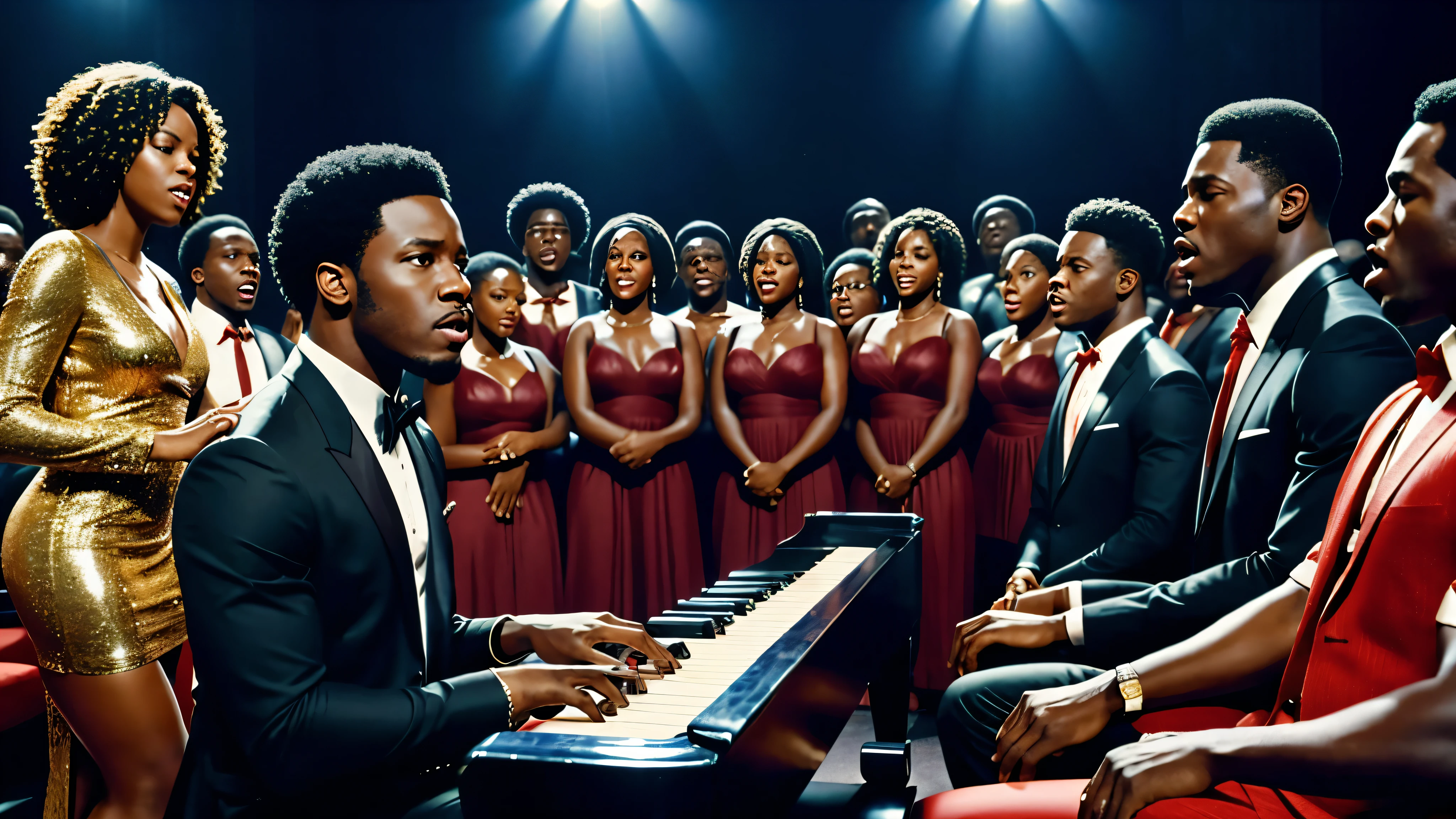 1970s tv show, African-American male r&b star named "Luther Diamond" playing piano while surrounded by a singing choir, cinematic action, masterpiece, super detail, textured skin, atmospheric perspective,
