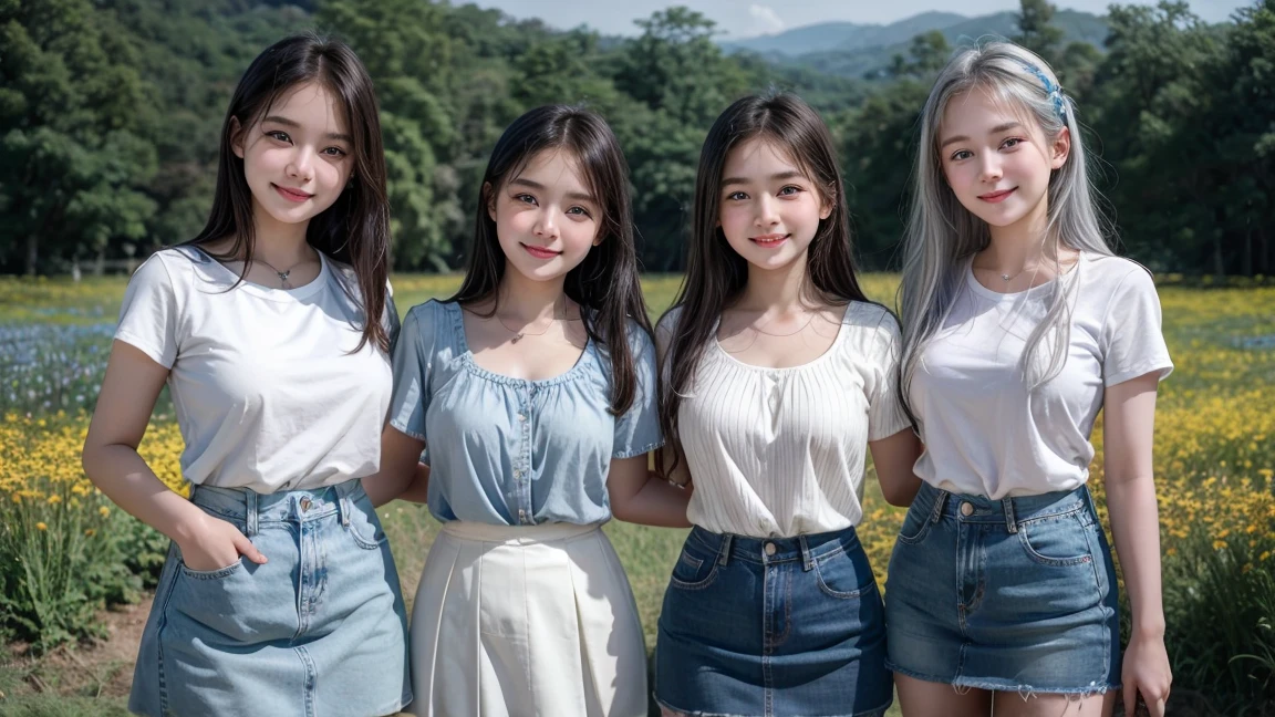 (4 Girls), Indonesian , 12 years,kin, Round breast, blue eyes, meadow, silver hair,Beautiful smile, 8K, The details are very realistic..., The best of photography Wear a jeans skirt... 